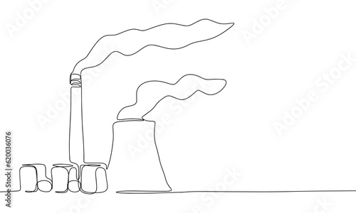 Continuous line factory art. Single line pollution air concept. Line art, outline, banner in minimalism style. Vector illustration
