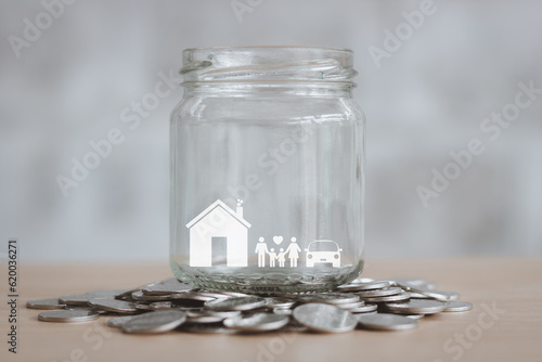 money coins saving with insurance and assurance icon including family marketing real estate car and home financial for risk management concept.