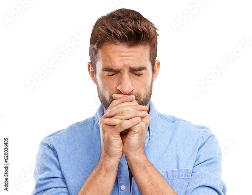 Photographie Worried, anxiety and man with fear or scared with stress expression isolated in a transparent or png background