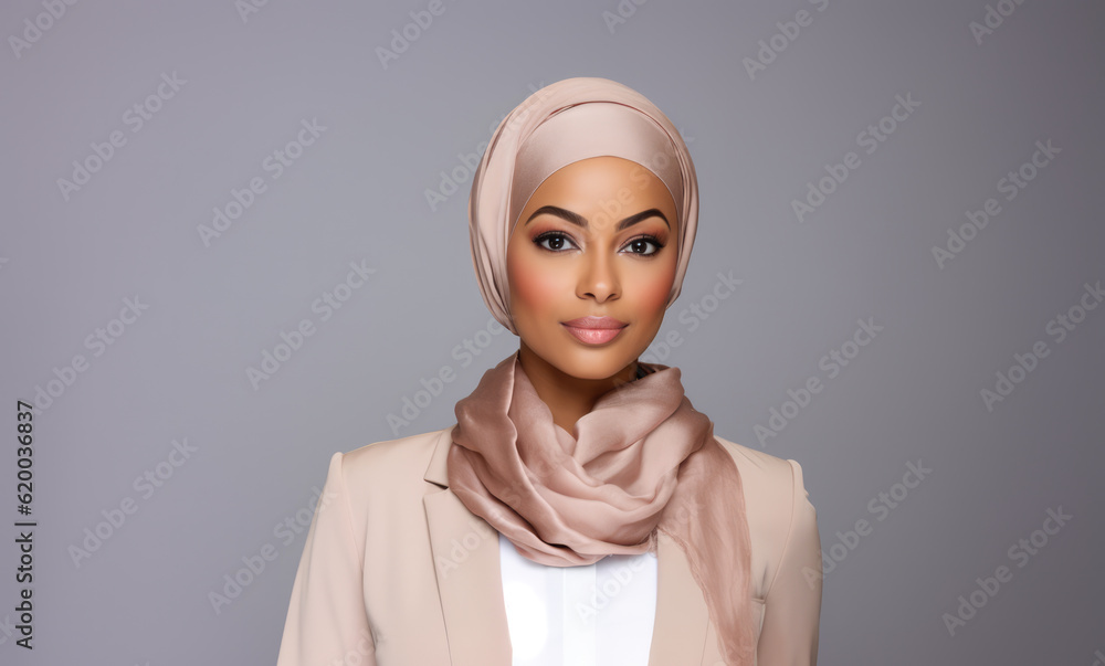 Close up of an muslim African American businesswoman wearing a hijab on a clear background. Generative AI Close up of an muslim African American businesswoman wearing a hijab on a clear background. Generative AI