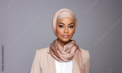 Close up of an muslim African American businesswoman wearing a hijab on a clear background. Generative AI