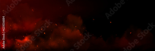 Background with fire sparks, embers and smoke. Overlay effect of burn coal, grill, hell or bonfire with flame glow, flying red sparkles and fog on black background, vector realistic poster