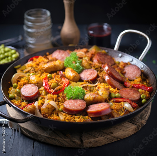 Paella with meat, vegetables and sausages