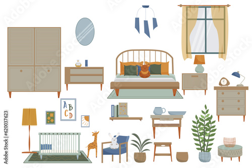 Vector set  of nursery interior. Flat illustration, furnitures in scandinavian style.
