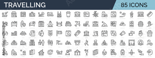 Set of 85 line icons related to vacation, recreation, leisure, travel, entertainment. Outline icon collection. Editable stroke. Vector illustration