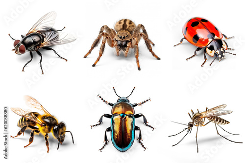 Collection of insects isolated on transparent background: spider, ladybug, mosquito, beetle, bee and fly © AI Petr Images