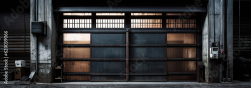 Shutters, gates, steel doors, loading section, garage view. Lights inside. Japanese oriental style .locking mechanism. black. wide format. hand edited generative AI. 