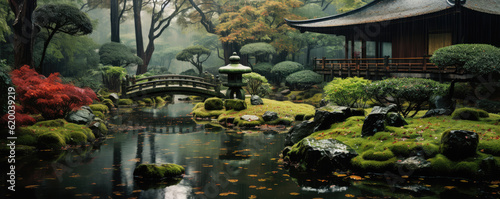 Japanese garden in the rain. Hand edited generative AI. © killykoon