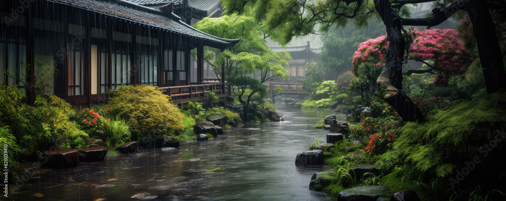 Japanese garden in the rain. Hand edited generative AI.