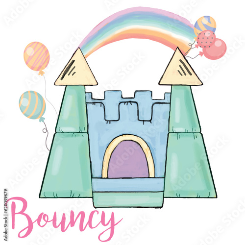Watercolor jumping castle with balloons and rainbow vector, jumping castle in pastel watercolor illustration for children books