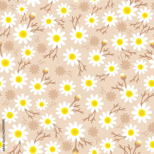 brown floral Print. ditsy daisy seamless pattern in earth tone color or beige. good for fabric, fashion design, wallpaper, summer spring dress, textile, pajama, resort wear, background. © hartami
