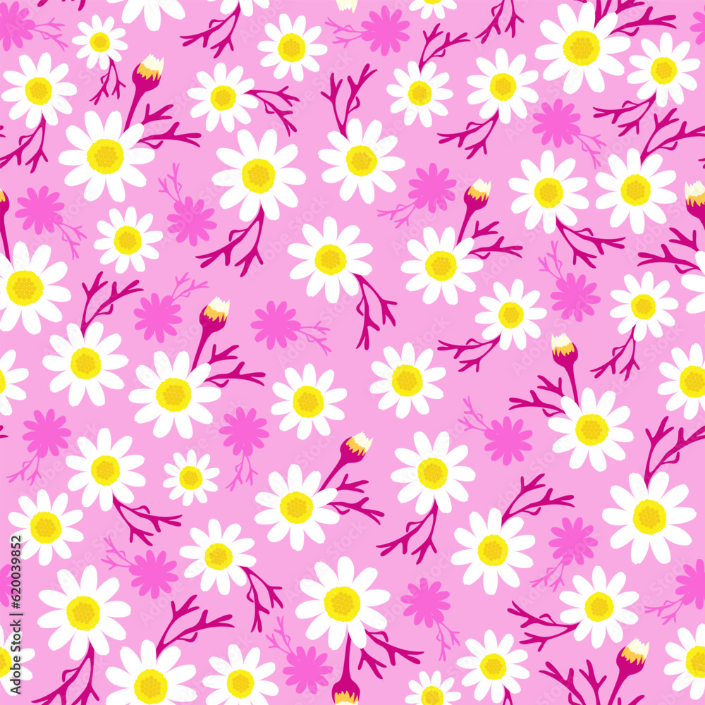 Floral print. pink lilac ditsy daisy seamless pattern. good for fabric, fashion design, summer spring dress, pajama, kimono, textile, wallpaper, background.