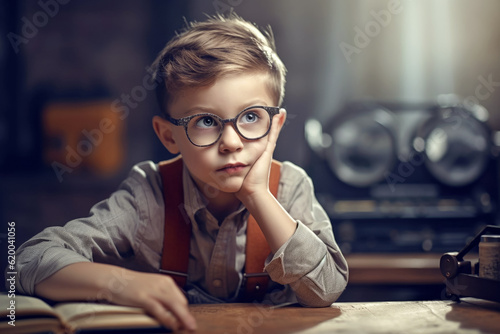 Portrait of schoolboy at the desk in retro style. Education concept. Back to school. Generative AI