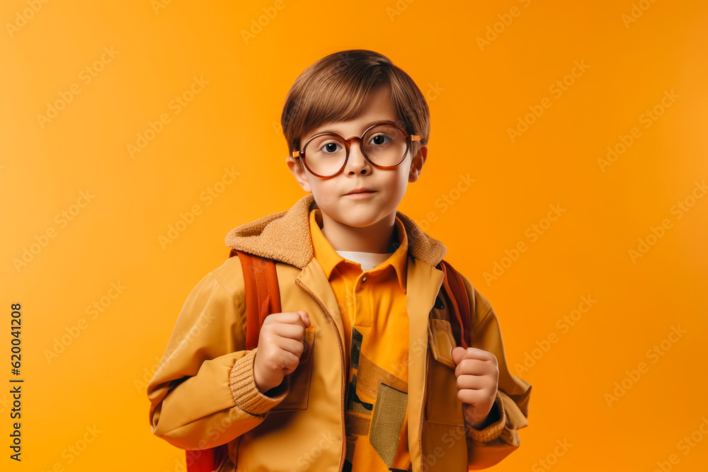 schoolboy with glasses and backpack is ready to go to school for education. generative AI schoolboy with glasses and backpack is ready to go to school for education. generative AI