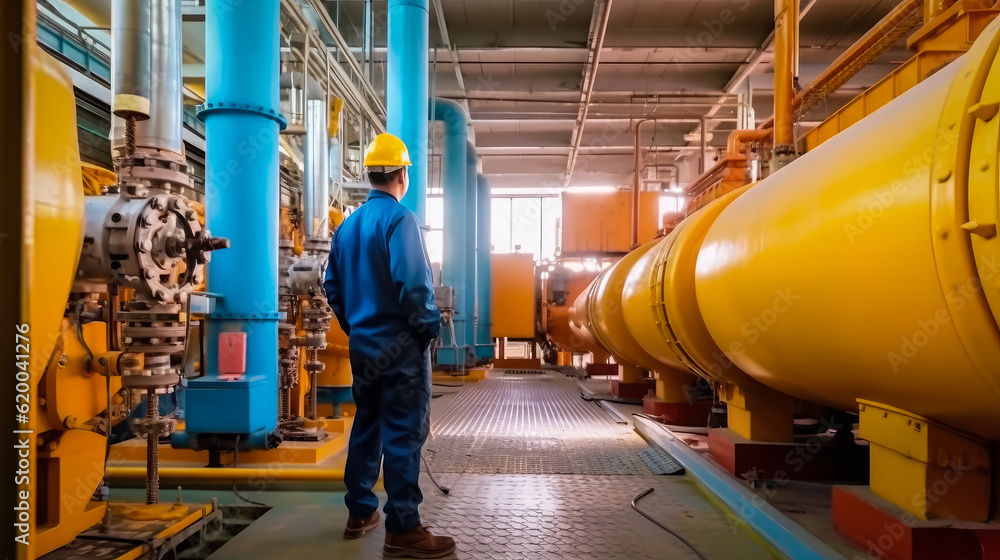Naklejka premium Mechanical service engineer worker at industrial with checking compressor station , Created with Generative Ai Technology
