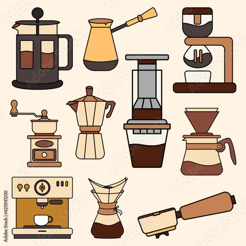 Set of Coffee Shop and Cafe Equipment Simple Flat Line Illustration