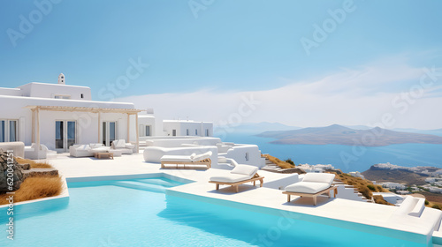 Traditional mediterranean white house with pool on hill with stunning sea view. Summer vacation background. © Prasanth