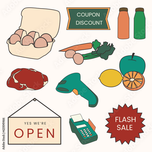 Set of Groceries Simple Flat Line Illustration