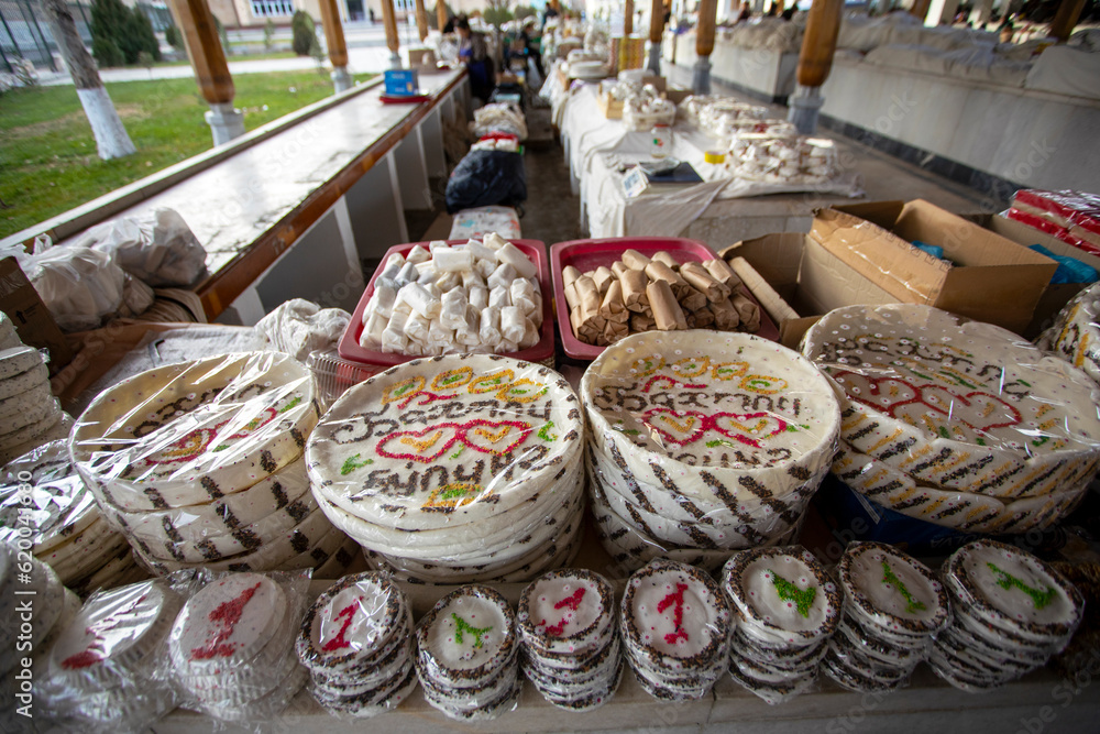 Fototapeta premium The different types of halvas for the wedding.