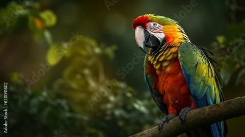 Ara macaw on tree green boke background. Generative AI