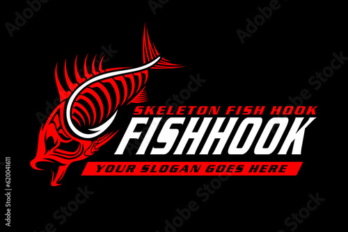 Fishing Logo hook and fish skull skeleton design template illustration