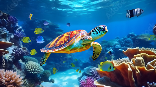 turtle with group of colorful fish and sea animals with colorful coral underwater in ocean