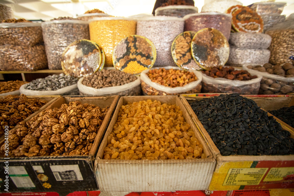 The raisin varieties and other dried fruits.