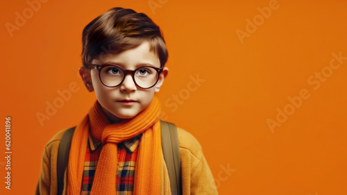 schoolboy with glasses and backpack is ready to go to school for education. generative AI