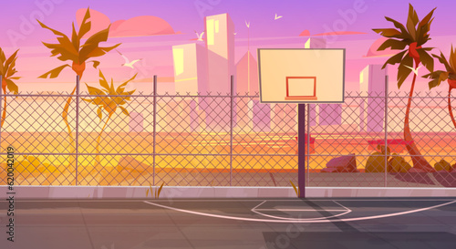 Sunset street basketball court and cityscape skyline. Outdoor playground for basket sport game near sea shore cartoon vector background. Empty school team arena stadium coast, sundown skyscraper view