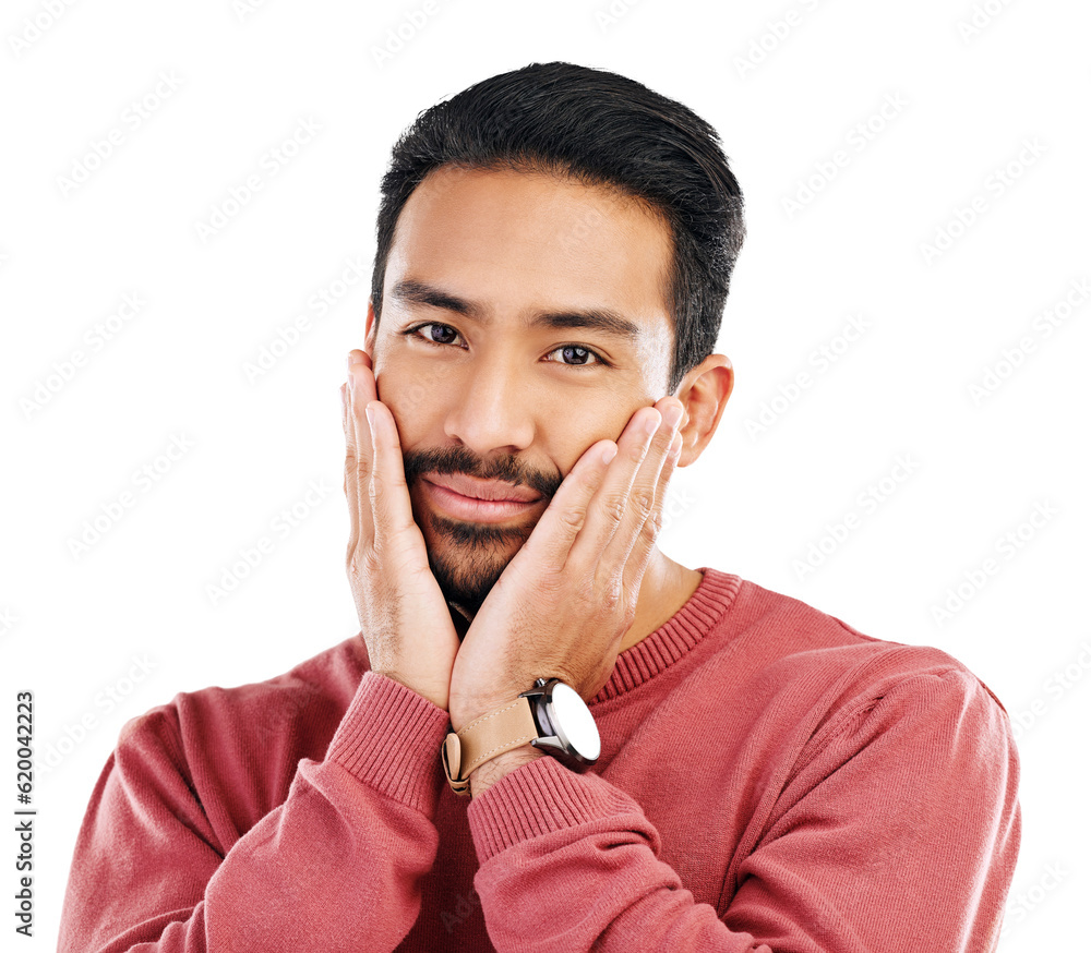 Portrait, shy and sweet young man posing while touching his cheeks with a cute expression. Face, smile and headshot of a male model from India with confidence isolated by transparent png background. Portrait, shy and sweet young man posing while touching his cheeks with a cute expression. Face, smile and headshot of a male model from India with confidence isolated by transparent png background.