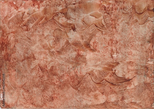 Abstract encaustic in red brown with stormy waves painted with painting iron
