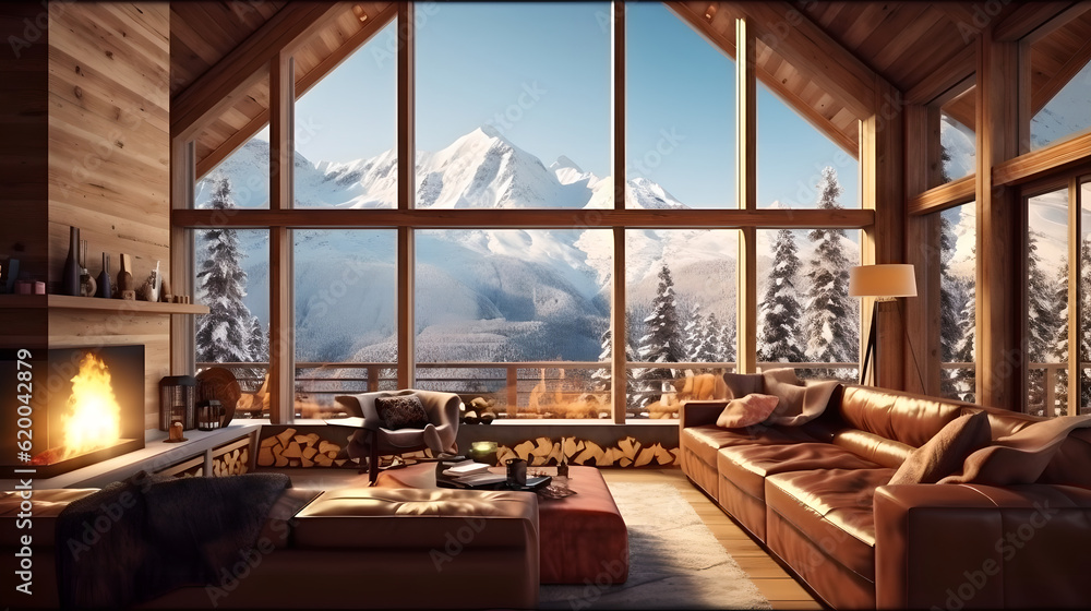 Modern luxury wooden cabin with majestic snowy forest. The interior of a modern living room designed with a minimalist style Modern luxury wooden cabin with majestic snowy forest. The interior of a modern living room designed with a minimalist style