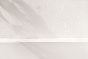 Brand product showcase template, blank neutral light beige podium stage with aesthetic lifestyle floral sun light shadows, white textured concrete wall and shelf background.