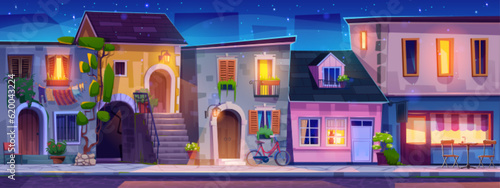 Night italy street with bicycle, light in window and old vintage cafe vector background illustration. Italian house building in town with balcony, arch and hanging clothes mediterranean exterior.