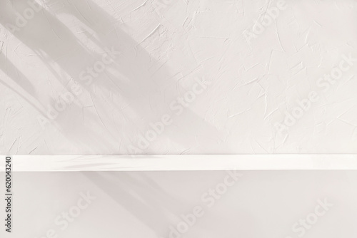 Fotografie, Obraz Brand product showcase template, blank neutral light beige podium stage with aesthetic lifestyle floral sun light shadows, white textured concrete wall and shelf background