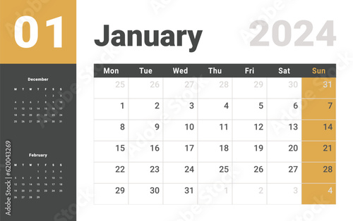 Monthly Calendar Template of january 2024 Vector layout simple calendar with week start Monday.