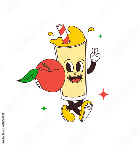 Apple juice glass character in comic cartoon style on transparent background. Hand drawing of funny mascot of honey drink in retro style. Isolated vector illustration of juice, smoothie or cider glass