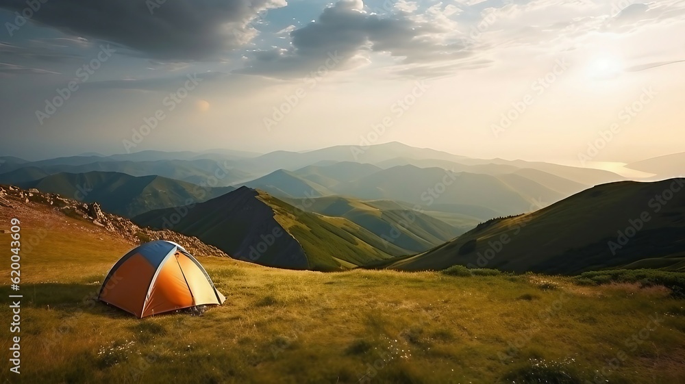 Camping tents in a mountain valley, scenic mountain view
