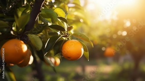 Fruit orchard  ripe oranges on trees at sunset  summer harvest