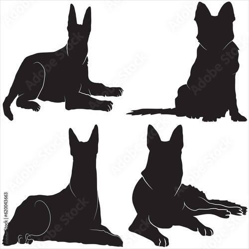 German shepherd dog silhouettes for four type of poses, German shepherd dog breed silhouette.