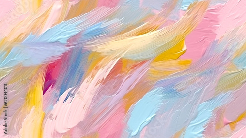 Close up of oil painting texture with brush strokes and palette knife strokes in pink and blue pastel colors, ai generated
