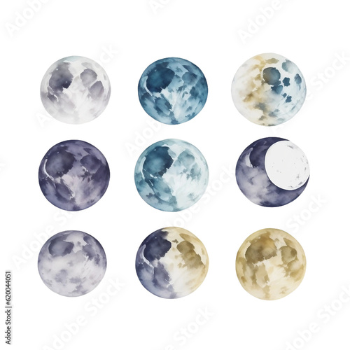 Watercolor planets and moon phases isolated on white background