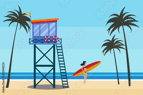 Lifeguard station on the beach palms, surfer, coast ocean, sea. Summer tropical landscape, vector