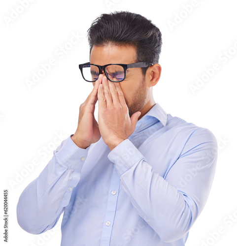 Stress, fatigue and man with glasses and tired on isolated, PNG and transparent background. Vision, prescription lens and male person rub eyes with hands for migraine, eyesight problem and headache