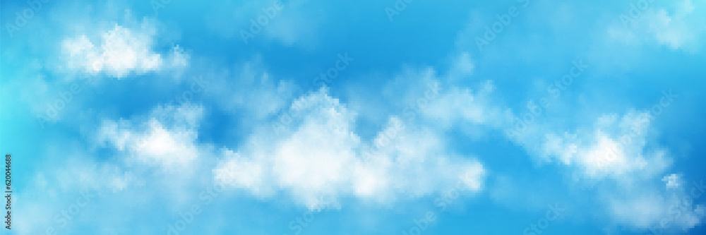 Realistic blue sky with white clouds. Vector illustration of summer day cloudscape, transparent fog or smoke texture, condensate evaporation, gas emission in air. Abstract background, weather forecast Realistic blue sky with white clouds. Vector illustration of summer day cloudscape, transparent fog or smoke texture, condensate evaporation, gas emission in air. Abstract background, weather forecast