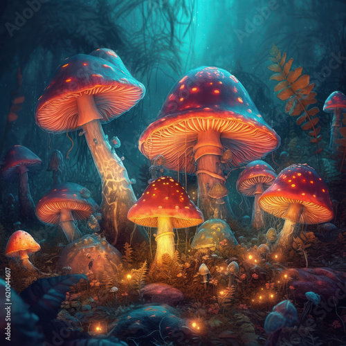 Colourful magic mushrooms. Created using generative Al tools.