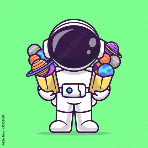 Cute Astronaut Bring Planet Space In Paper Bag Cartoon 
Vector Icon Illustration. Science Technology Icon Concept 
Isolated Premium Vector. Flat Cartoon Style