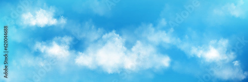 Realistic blue sky with white clouds. Vector illustration of summer day cloudscape, transparent fog or smoke texture, condensate evaporation, gas emission in air. Abstract background, weather forecast