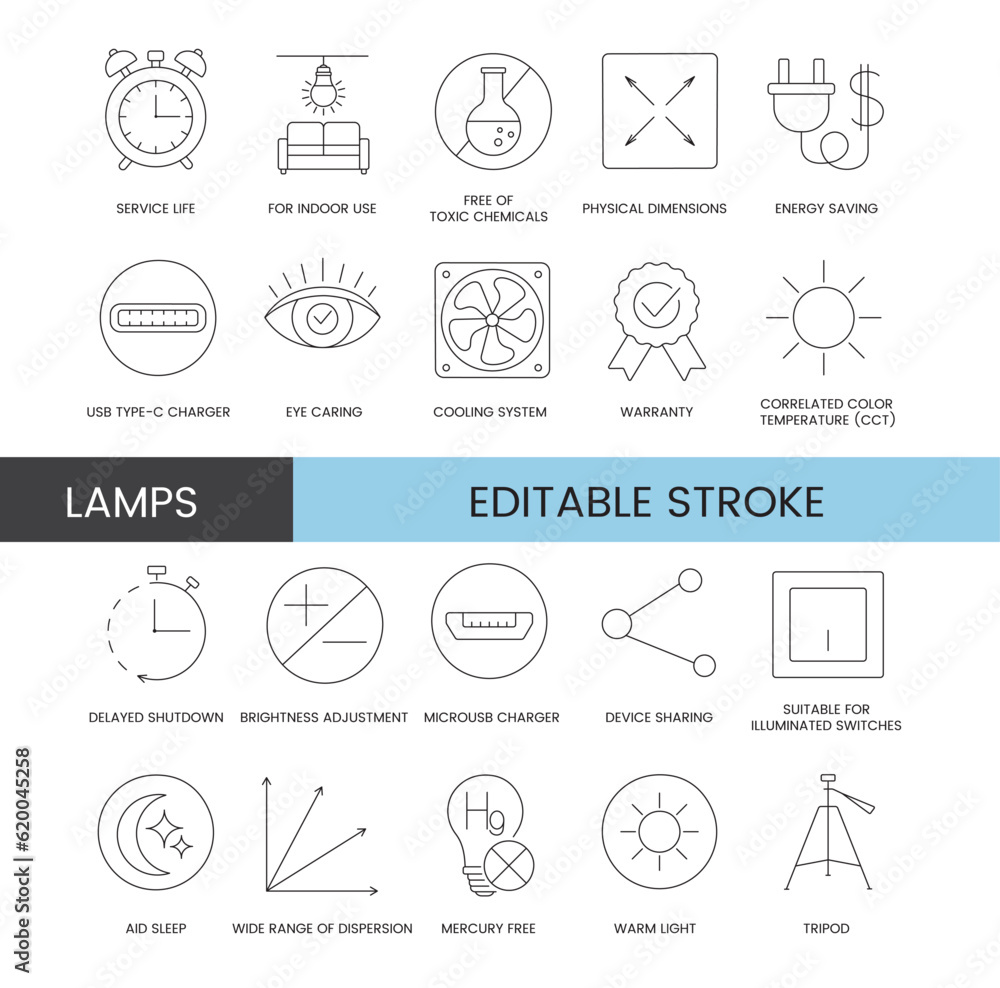 Set of line icons in vector for lamp packaging, technical specifications illustration, service life and for indoor use, physical dimensions and free of toxic chemicals, usb charger. Editable stroke.