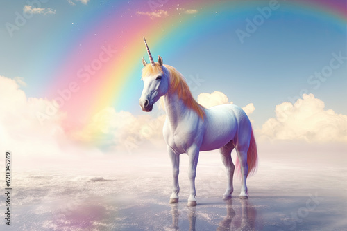 Cute magical unicorn and raibow. Cartoon. Generative Ai © tong2530